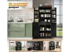 Aparador alto de cozinha - 182 x 40 x 75 cm - com 4 portas + compartimentos de arrumação + gaveta - MDF - preto