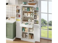 Aparador alto de cozinha - 182 x 40 x 75 cm - com 4 portas + compartimentos de arrumação + gaveta - MDF - branco