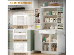 Aparador alto de cozinha - 182 x 40 x 75 cm - com 4 portas + compartimentos de arrumação + gaveta - MDF - branco