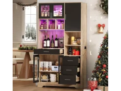 Aparador alto de cozinha - 100 x 40 x 185 cm - com 4 gavetas + LEDs + portas + prateleiras - MDF - natural + preto