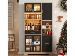 Aparador alto de cozinha - 100 x 40 x 185 cm - com 4 gavetas + LEDs + portas + prateleiras - MDF - natural + preto