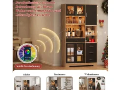 Aparador alto de cozinha - 100 x 40 x 185 cm - com 4 gavetas + LEDs + portas + prateleiras - MDF - natural + preto