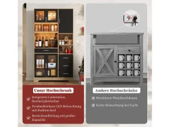 Aparador alto de cozinha - 100 x 40 x 185 cm - com 4 gavetas + LEDs + portas + prateleiras - MDF - natural + preto