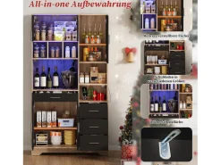 Aparador alto de cozinha - 100 x 40 x 185 cm - com 4 gavetas + LEDs + portas + prateleiras - MDF - natural + preto