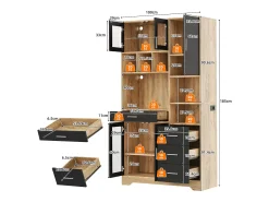 Aparador alto de cozinha - 100 x 40 x 185 cm - com 4 gavetas + LEDs + portas + prateleiras - MDF - natural + preto