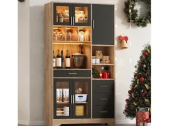 Aparador alto de cozinha - 100 x 40 x 185 cm - com 4 gavetas + LEDs + portas + prateleiras - MDF - natural + preto