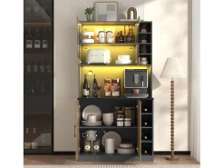 Aparador alto de cozinha - 100 x 47 x 187 cm - com LEDs + 4 portas + prateleiras ajustáveis - MDF + Acrílico - cor natural