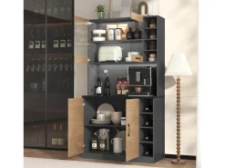 Aparador alto de cozinha - 100 x 47 x 187 cm - com LEDs + 4 portas + prateleiras ajustáveis - MDF + Acrílico - cor natural