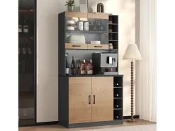 Aparador alto de cozinha - 100 x 47 x 187 cm - com LEDs + 4 portas + prateleiras ajustáveis - MDF + Acrílico - cor natural