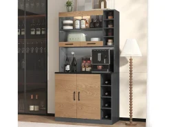 Aparador alto de cozinha - 100 x 47 x 187 cm - com LEDs + 4 portas + prateleiras ajustáveis - MDF + Acrílico - cor natural