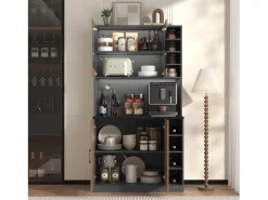 Aparador alto de cozinha - 100 x 47 x 187 cm - com LEDs + 4 portas + prateleiras ajustáveis - MDF + Acrílico - cor natural