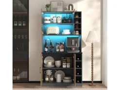 Aparador alto de cozinha - 100 x 47 x 187 cm - com LEDs + 4 portas + prateleiras ajustáveis - MDF + Acrílico - cor natural
