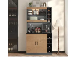 Aparador alto de cozinha - 100 x 47 x 187 cm - com LEDs + 4 portas + prateleiras ajustáveis - MDF + Acrílico - cor natural