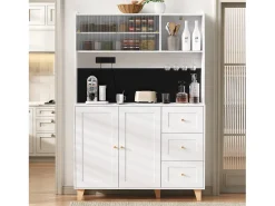 Aparador alto de cozinha com tomadas e painel perfurado - 120 x 40 x 184 cm - com portas + 3 gavetas + prateleira - MDF - branco