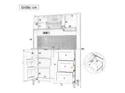 Aparador alto de cozinha com tomadas e painel perfurado - 120 x 40 x 184 cm - com portas + 3 gavetas + prateleira - MDF - branco