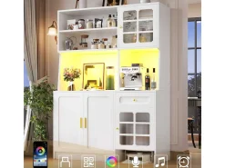 Aparador alto de cozinha - 130 x 45 x 180 cm - com portas de vidro + LEDs + gaveta + prateleira - MDF - branco