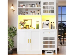 Aparador alto de cozinha - 130 x 45 x 180 cm - com portas de vidro + LEDs + gaveta + prateleira - MDF - branco