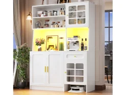 Aparador alto de cozinha - 130 x 45 x 180 cm - com portas de vidro + LEDs + gaveta + prateleira - MDF - branco