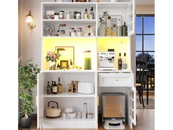Aparador alto de cozinha - 130 x 45 x 180 cm - com portas de vidro + LEDs + gaveta + prateleira - MDF - branco