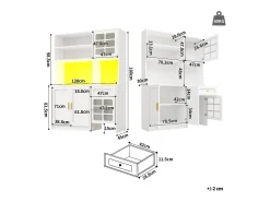 Aparador alto de cozinha - 130 x 45 x 180 cm - com portas de vidro + LEDs + gaveta + prateleira - MDF - branco