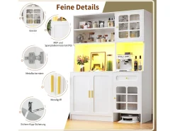 Aparador alto de cozinha - 130 x 45 x 180 cm - com portas de vidro + LEDs + gaveta + prateleira - MDF - branco