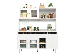Aparador alto de cozinha - 145 x 39 x 171 cm - com 4 portas de vidro + 5 gavetas - MDF - branco