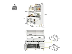 Aparador alto de cozinha - 145 x 39 x 171 cm - com 4 portas de vidro + 5 gavetas - MDF - branco