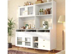 Aparador alto de cozinha - 145 x 39 x 171 cm - com 4 portas de vidro + 5 gavetas - MDF - branco