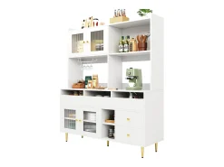 Aparador alto de cozinha - 145 x 39 x 171 cm - com 4 portas de vidro + 5 gavetas - MDF - branco