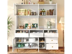 Aparador alto de cozinha - 145 x 39 x 171 cm - com 4 portas de vidro + 5 gavetas - MDF - branco