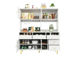Aparador alto de cozinha - 145 x 39 x 171 cm - com 4 portas de vidro + 5 gavetas - MDF - branco