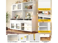 Aparador alto de cozinha - 145 x 39 x 171 cm - com 4 portas de vidro + 5 gavetas - MDF - branco