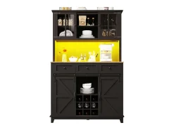 Aparador alto de cozinha - 105 x 40 x 180 cm - com prateleiras reguláveis + LEDs + 4 portas + 3 gavetas - Metal + MDF - preto