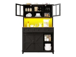 Aparador alto de cozinha - 105 x 40 x 180 cm - com prateleiras reguláveis + LEDs + 4 portas + 3 gavetas - Metal + MDF - preto