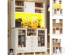 Aparador alto de cozinha - 120 x 40 x 188 cm - estilo campestre - com LEDs + 6 gavetas + 3 portas + prateleiras - MDF - branco