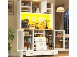 Aparador alto de cozinha - 120 x 40 x 188 cm - estilo campestre - com LEDs + 6 gavetas + 3 portas + prateleiras - MDF - branco