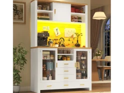 Aparador alto de cozinha - 120 x 40 x 188 cm - estilo campestre - com LEDs + 6 gavetas + 3 portas + prateleiras - MDF - branco
