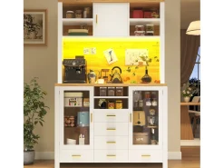 Aparador alto de cozinha - 120 x 40 x 188 cm - estilo campestre - com LEDs + 6 gavetas + 3 portas + prateleiras - MDF - branco