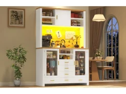 Aparador alto de cozinha - 120 x 40 x 188 cm - estilo campestre - com LEDs + 6 gavetas + 3 portas + prateleiras - MDF - branco
