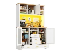 Aparador alto de cozinha - 120 x 40 x 188 cm - estilo campestre - com LEDs + 6 gavetas + 3 portas + prateleiras - MDF - branco