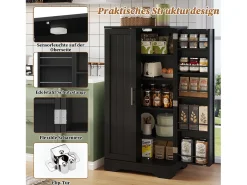Aparador alto de cozinha - 60 x 40 x 120 cm - com LEDs + 2 portas com prateleiras reguláveis e prateleiras de porta - MDF - preto