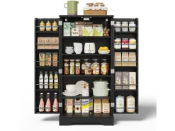 Aparador alto de cozinha - 60 x 40 x 120 cm - com LEDs + 2 portas com prateleiras reguláveis e prateleiras de porta - MDF - preto