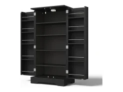 Aparador alto de cozinha - 60 x 40 x 120 cm - com LEDs + 2 portas com prateleiras reguláveis e prateleiras de porta - MDF - preto