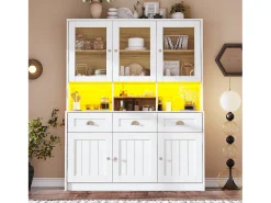 Aparador alto de cozinha - 140 x 40 x 175 cm - com portas + LEDs + 3 gavetas - MDF - branco