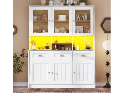 Aparador alto de cozinha - 140 x 40 x 175 cm - com portas + LEDs + 3 gavetas - MDF - branco
