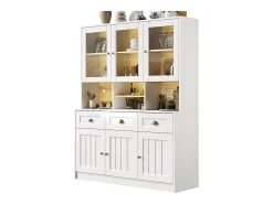 Aparador alto de cozinha - 140 x 40 x 175 cm - com portas + LEDs + 3 gavetas - MDF - branco