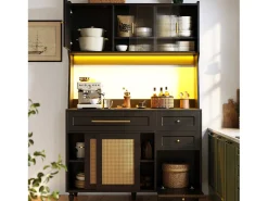Aparador alto de cozinha - 120 x 45 x 195,5 cm - com prateleiras ajustáveis + 3 gavetas + 3 portas + LEDs - MDF + rattan PE - preto