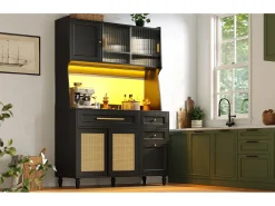 Aparador alto de cozinha - 120 x 45 x 195,5 cm - com prateleiras ajustáveis + 3 gavetas + 3 portas + LEDs - MDF + rattan PE - preto