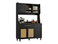 Aparador alto de cozinha - 120 x 45 x 195,5 cm - com prateleiras ajustáveis + 3 gavetas + 3 portas + LEDs - MDF + rattan PE - preto
