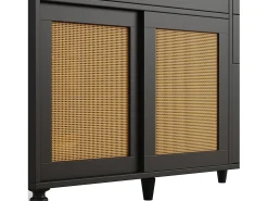 Aparador alto de cozinha - 120 x 45 x 195,5 cm - com prateleiras ajustáveis + 3 gavetas + 3 portas + LEDs - MDF + rattan PE - preto